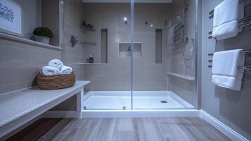 Seniors can relax and rejuvenate in this spacious modern bathroom complete with a walkin shower that has easytoreach controls and a builtin bench for added comfort photo