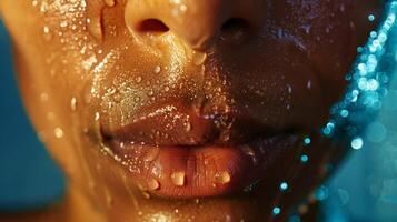 A closeup of a celebritys flushed face after a intense sauna session with beads of sweat glistening on their skin. photo