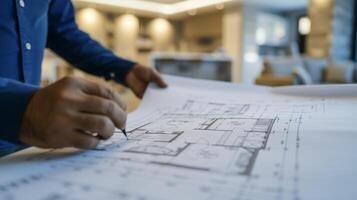 Closeup of an architects hand holding a blueprint carefully examining the detailed plans for a largescale home renovation photo