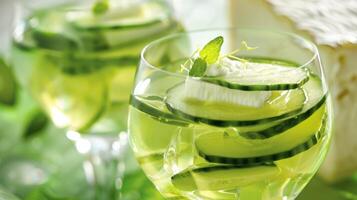 A refreshing cucumber mocktail accompanied by a creamy brie cheese photo