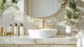 un limpiar moderno baño con un mármol lavabo y dorado accesorios exhibiendo un lleno rango de lujo afeitado productos foto