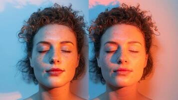A before and after comparison of a person suffering from a migraine with obvious signs of discomfort and then after using the infrared sauna with a relaxed and content expression. photo