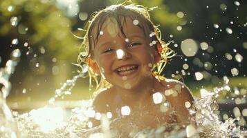 un joven niño risitas como ella salpicaduras en un pequeño primavera el gotas espumoso en el luz de sol foto