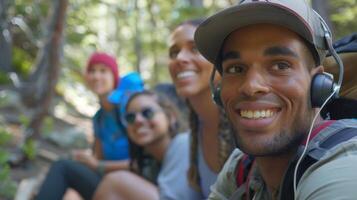 A group of hikers taking a break on a scenic trail listening to a playlist of instrumental music and nature sounds to enhance their relaxation and mindfulness in nature photo