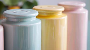 A set of four tall and narrow ceramic jars with fitted lids each one in a different pastel color and ideal for storing craft supplies like paintbrushes or markers. photo