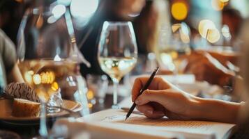 invitados tomando notas y comparando su pensamientos en cada vino como ellos hacer su camino mediante el saboreo menú foto