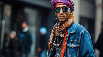 un hombre vistiendo un tradicional De las mujeres Pañuelo emparejado con un mezclilla chaqueta y rasgado pantalones sin problemas mezcla elementos de ambos masculino y femenino Moda foto