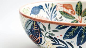 A ceramic bowl adorned with a whimsical underglaze illustration of forest creatures and lush foliage. photo