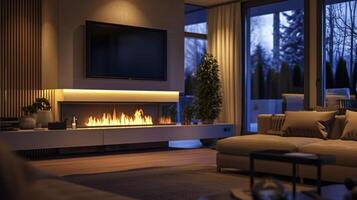 An image of an empty living room with the lights turned off except for a soft glow coming from the fireplace all controlled by the home automation system to create an invitin photo