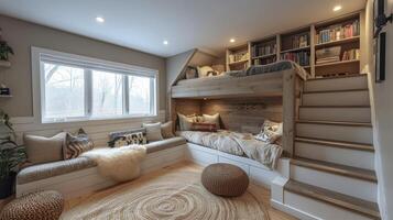 A farmhousestyle loft bed with a builtin bookshelf and cozy reading corner below perfect for a childs room or guest space photo