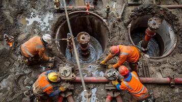 A team of workers assembling a complex network of valves and fittings to connect different sections of the underground infrastructure photo