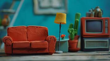 A collection of clay household items including a couch television and lamp ready to be used as props in a domestic stopmotion scene. photo