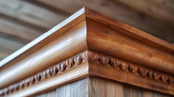 A closeup of a finished corner where two pieces of crown molding meet the joint so seamless that it appears as though it were carved from a single piece of wood photo