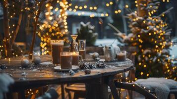 A hot chocolate bar set up outdoors with a rustic wooden table and chairs surrounded by ling lights for a magical winter ambiance photo