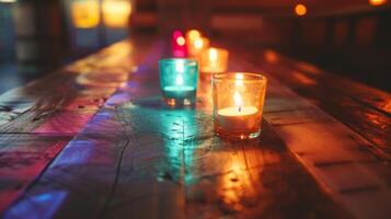 The low light of the candles casts a soft glow on the dark wooden tables making the colorful tails look even more enticing. 2d flat cartoon photo