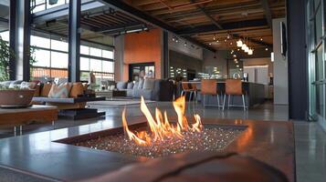 The open floor plan of this industrial loft allows for the fire pit to be enjoyed from every living space creating a focal point in the home. 2d flat cartoon photo