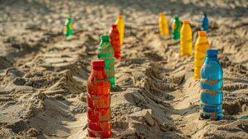 un juego de playa bolos con improvisado carriles dibujado en el arena y agua botellas en pie en como patas foto