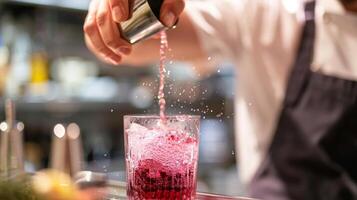 A chef carefully crafting a sparkling elderberry cocktail showcasing the potential for incorporating elderberry into more indulgent drinks photo