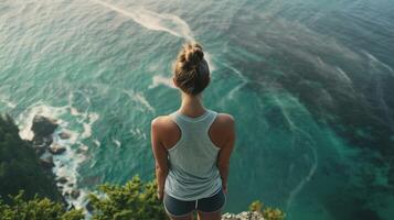un mujer en pie a el borde de un acantilado tomando en el maravilloso ver mientras utilizando respiración ejercicios a lanzamiento tensión y estrés foto