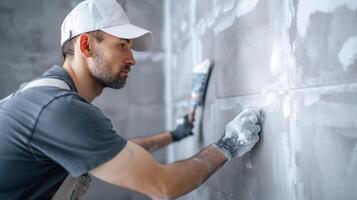 un profesional pintor cuidadosamente preparando y cebado un baño pared antes de aplicando un alta calidad impermeable pintar asegurando durabilidad y un pulido terminar foto