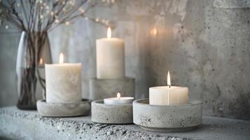 The raw and rugged surface of the concrete holders adds an element of natural charm to the space as the candles bring a touch of elegance. 2d flat cartoon photo