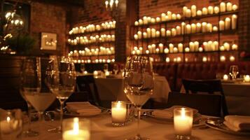 The votive candle wall serves as a stunning backdrop for the romantic dinner setting. 2d flat cartoon photo