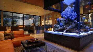 A unique combination of fire and water this fireplace and aquarium combo brings a touch of luxury to the space. 2d flat cartoon photo