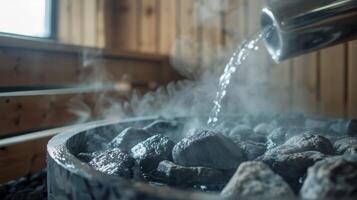 un persona torrencial agua terminado caliente sauna piedras causando un Estallar de vapor a llenar el aire. foto