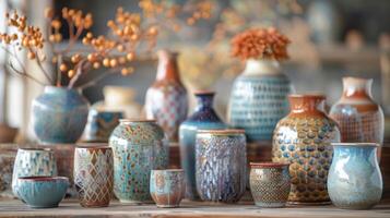 A still life composition featuring a variety of glazed vessels each with a unique and intricate pattern showcasing the endless creative possibilities of glazing secrets. photo