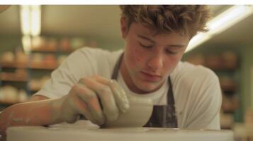 One student uses a pottery wheel for the first time his face a mix of excitement and nervousness as he attempts to center the clay and create a symmetrical bowl. photo