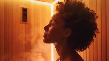 A person in a sauna with their eyes open gazing at the soft glow of the infrared lights and feeling a sense of inner peace. photo