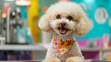 A poodle sporting a colorful bandana being treated to a deep conditioning treatment with lavender oil photo