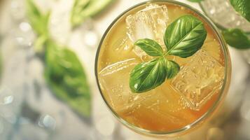 A mocktail concoction with hints of basil and honey perfectly paired with a nutty parmesan cheese photo