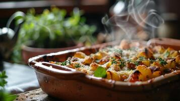 A freshly baked savory casserole with steam still rising from its browned surface displayed in a rustic clay baking dish. photo