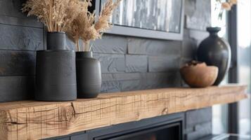 A rustic wooden mantle tops the sleek black fireplace creating a harmonious juxtaposition of materials in this modern farmhouse hearth. 2d flat cartoon photo