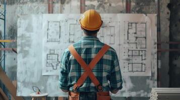 un construcción trabajador en pie en frente de un grande pizarron cartografía fuera líneas de tiempo y presupuestos para un todo hogar renovación proyecto foto
