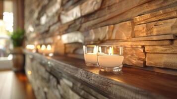 A simple yet elegant feature wall the votive candles add a warm and inviting atmosphere to the room. 2d flat cartoon photo