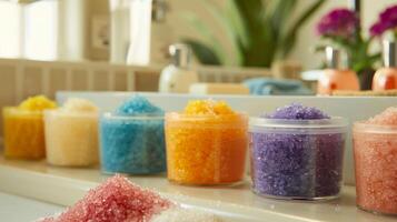 A set of colorful exfoliating scrubs are tered across a bathroom counter each tailored to different skin types and concerns photo