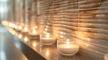 el pared de parpadeando votivo velas agrega un toque de elegancia y sofisticación a el moderno y minimalista diseño de el habitación. 2d plano dibujos animados foto