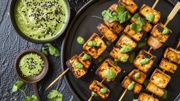 For a more substantial dish grilled marinated tofu skewers are served accompanied by a zesty coconut cilantro dressing and sprinkled with crunchy sesame seeds photo
