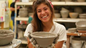 A student proudly holding up their finished ceramic masterpiece a testament to their newfound mastery of the potters wheel. photo