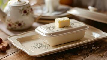 A decorative but functional butter dish complete with a lid to keep your butter fresh. photo