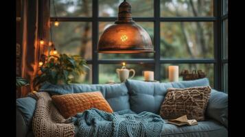 A vintageinspired pendant light with a distressed copper finish hangs in a cozy reading nook providing a warm and intimate atmosphere for curling up with a good book photo