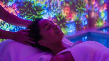 A woman receives a soothing massage from a trained the at a tailored wellness retreat that prioritizes physical relaxation and rejuvenation photo