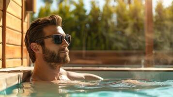 un hombre tomando un descanso desde nadando en un piscina a relajarse y recargar en el calor de un al aire libre infrarrojo sauna. foto