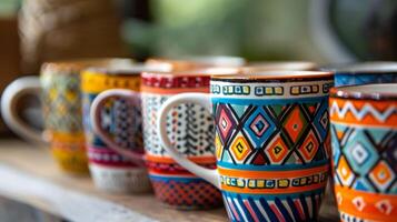 A colorful set of mugs with a handpainted rim using the Mishima technique featuring intricate geometric designs in vibrant hues. photo