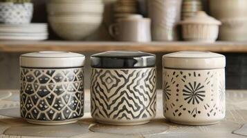 A set of three lidded ceramic canisters each one featuring a different geometric pattern and perfect for storing dry goods in the pantry. photo