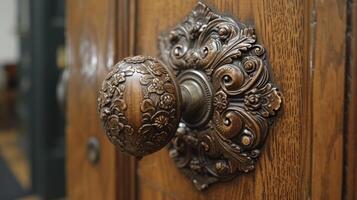 An antique door being meticulously polished and reattached to its newly restored door completing the overall vintage look photo