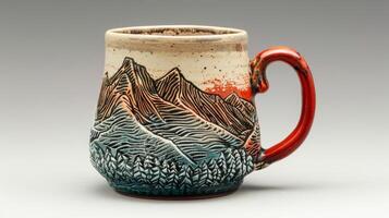 Using a technique called sgraffito a potter scratches away layers of colored glaze to reveal a detailed image of a mountain landscape on a mug. photo