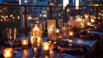 The city lights reflect off the elegant glassware and metal accents adding a touch of shimmer to the candlelit rooftop party. 2d flat cartoon photo